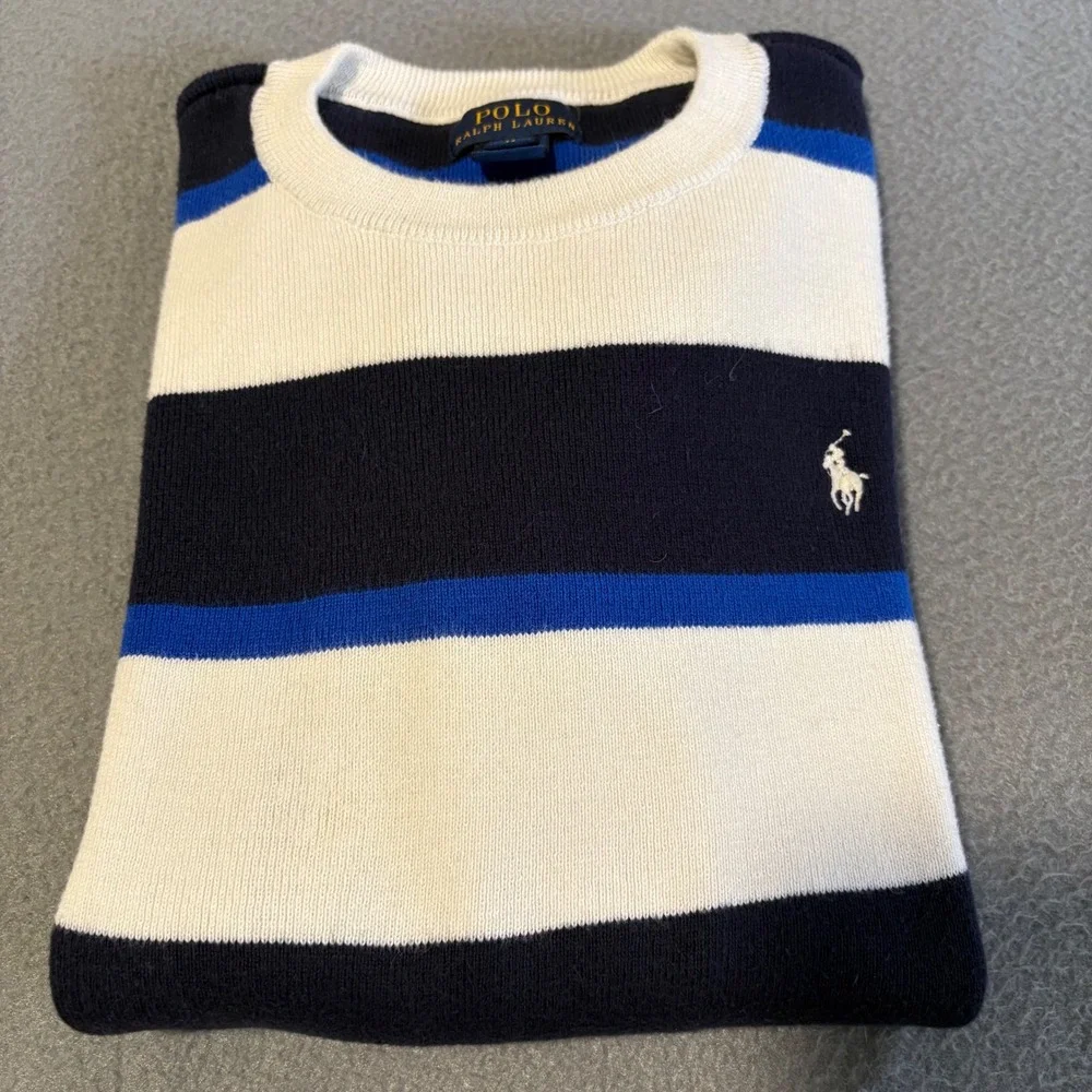 Polo Ralph Lauren Sweater Boys M (10-12) Blue White Striped Cotton Pony Logo